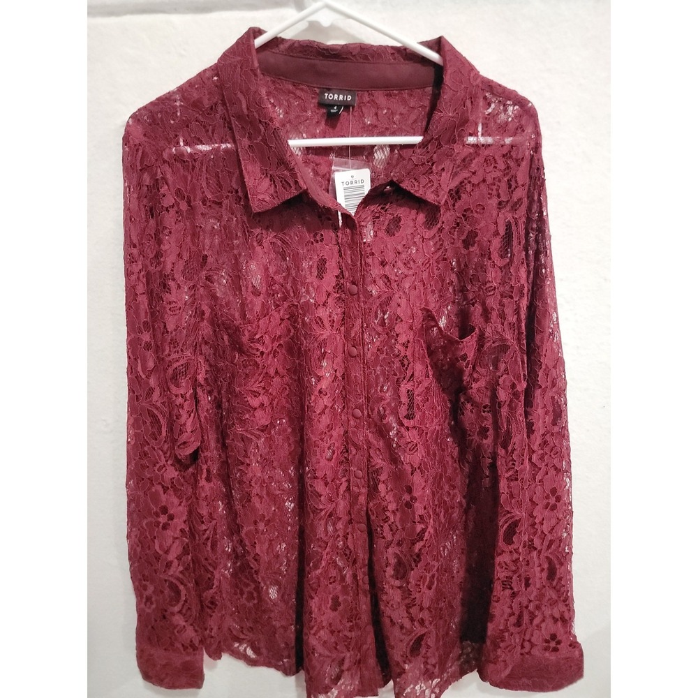 Torrid NWT Size 4 4X Burgundy Floral Lace Button Down Blouse Boho Romantic Sheer